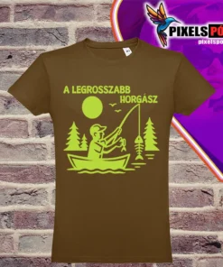 Vicces póló grafikán a legrosszabb horgász halcsontvázat fog ki a tóból