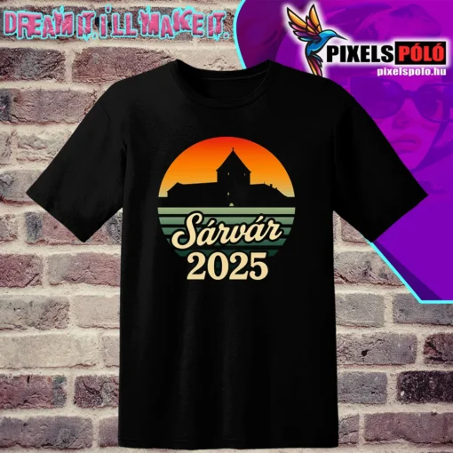 Sárvár vintage 2025 póló – Sárvári vár naplementével