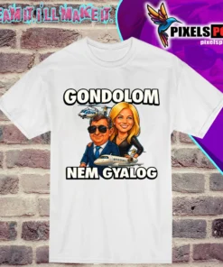 „Fehér póló vicces karikatúrával: egy férfi és egy nő áll magángép előtt, a szöveg: Gondolom nem gyalog.
