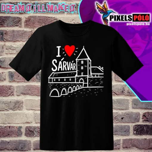 I love Sárvár póló piros szívvel és krétarajzos sárvári vár grafikával