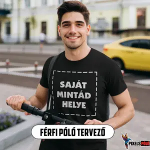 Férfi póló tervező: fiatal férfi egyedi mintás pólóban elektromos rollert fog, saját minta feltöltésével készíthető online