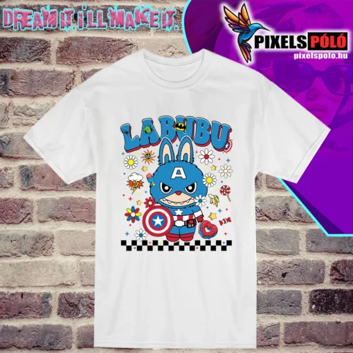 Labubu Captain America póló – egyedi grafika Marvel stílusban, prémium DTF nyomtatással