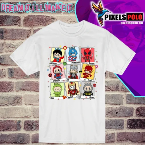 Labubu Superhero Group póló – 9 Labubu szuperhős jelmezben