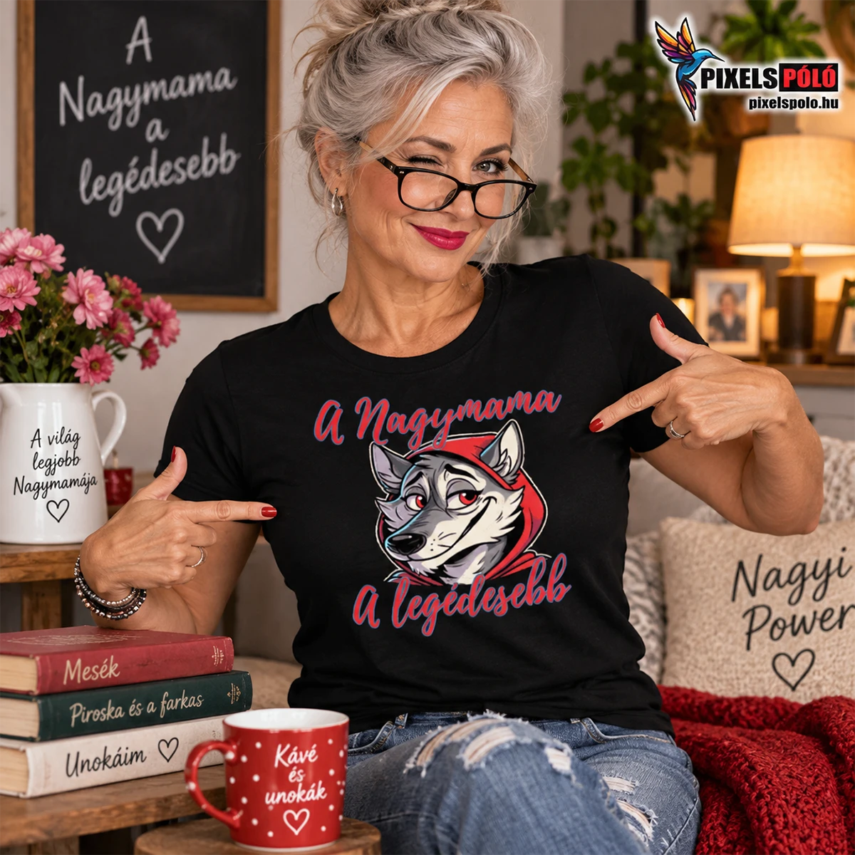 Fekete nagymama póló farkasos grafikával