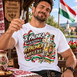 A pálinka nem kérdez, a pálinka megért feliratú magyaros póló