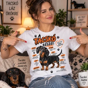 A tacskó részei vicces tacskó póló női modellen fekete-cser tacskó grafikával