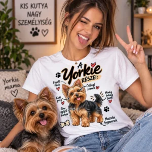 A yorkie részei póló vicces Yorkshire terrier grafikával női modellen