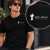 Anti Social Club póló fehér kaktusz grafikával fekete pólón