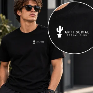 Anti Social Club póló fehér kaktusz grafikával fekete pólón