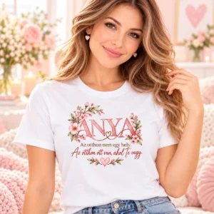 Anya, az otthon ott van, ahol Te vagy feliratú fehér női póló púderrózsaszín virágos grafikával, fiatal női modellen.