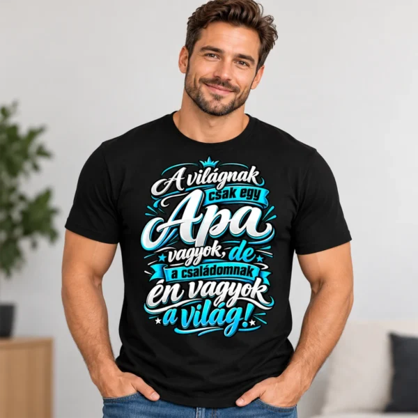 Férfi fekete apás pólóban, fehér és türkiz A családomnak én vagyok a világ grafikával.