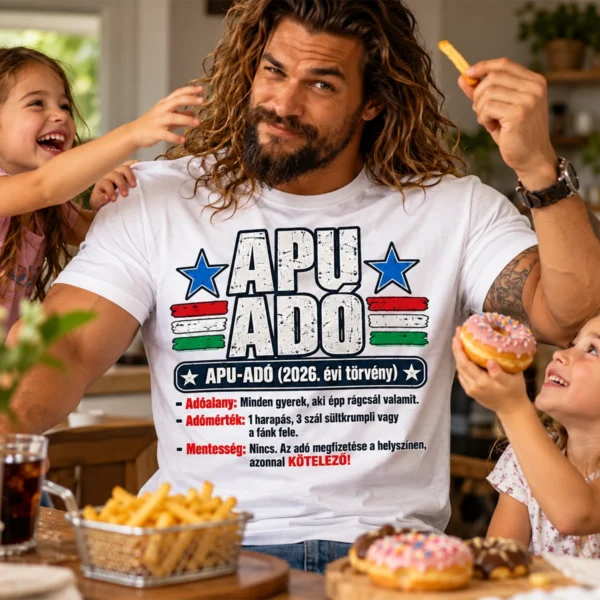APU-ADÓ mintás fehér pólót viselő férfi két gyerekkel, sültkrumplival és fánkkal az asztalnál.