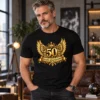 Fekete póló arany szárnyas 50-es Boldog születésnapot grafikával