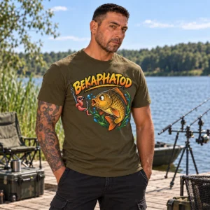 Férfi modell olívazöld Bekaphatod horgász pólóban a tóparton