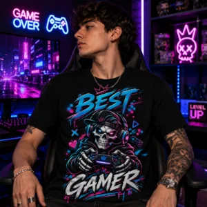 Best Gamer koponyás gamer póló kontrolleres neon grafikával