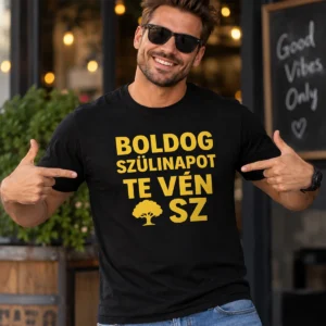 Fekete vicces születésnapi póló Boldog szülinapot te vén f@sz sárga felirattal