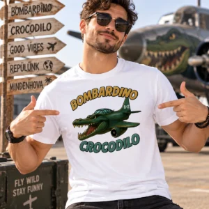 Férfi modell fehér Bombardino Crocodilo pólóban