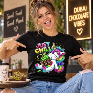 Női modell Dubai csoki Just Chill unikornis pólóban