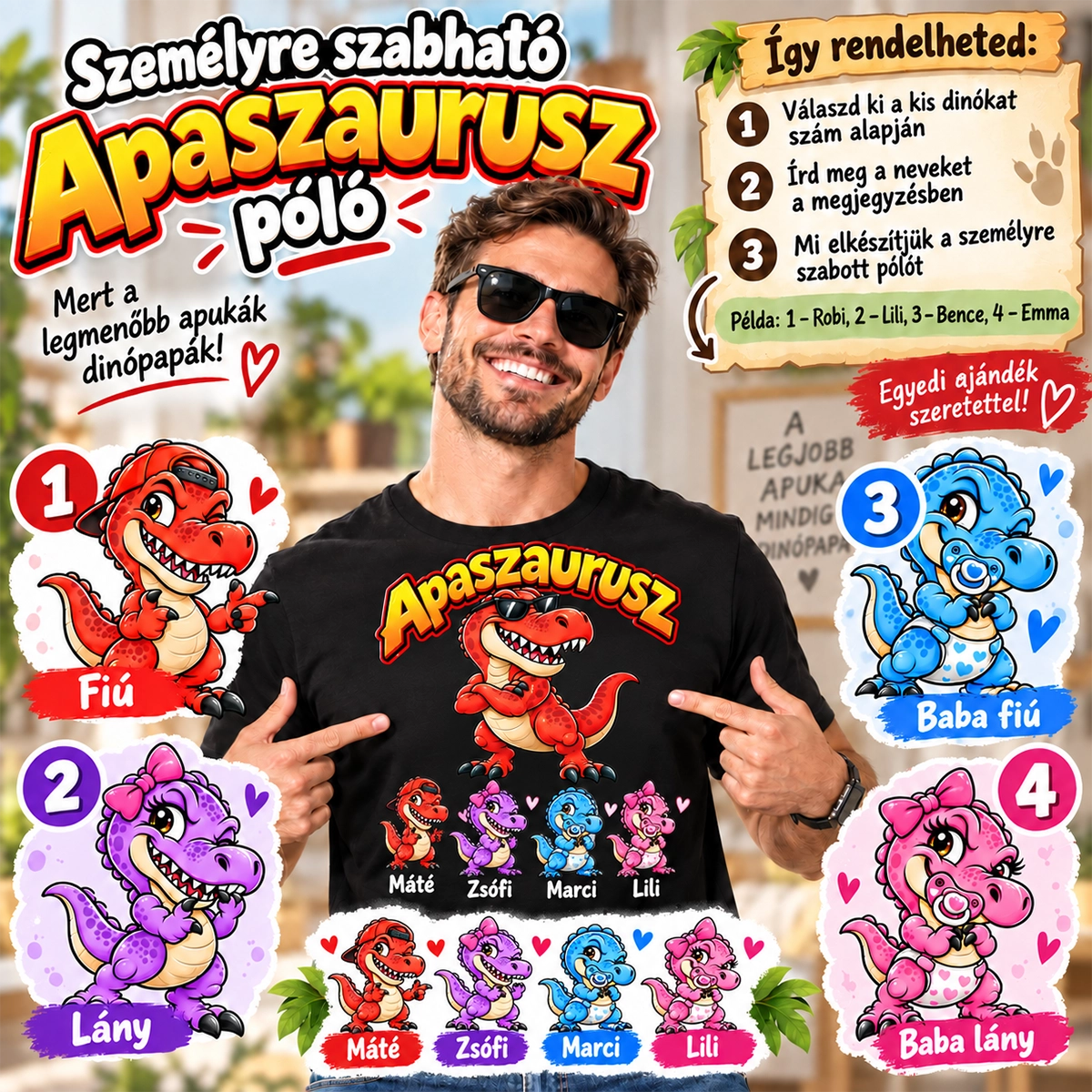 Apaszaurusz póló gyermeknevekkel, napszemüveges apadinóval és számozott kis dinókkal a választóképen