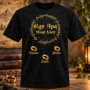 Egy Apa mind felett személyre szabható póló arany gyűrűkkel és gyerekek neveivel