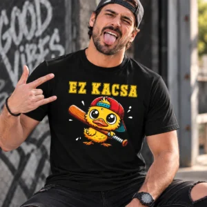 Ez kacsa feliratos fekete póló férfi modellen