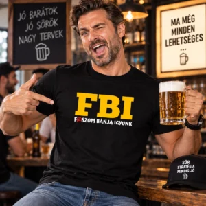 Férfi modell fekete FBI Faszom bánja igyunk pólóban