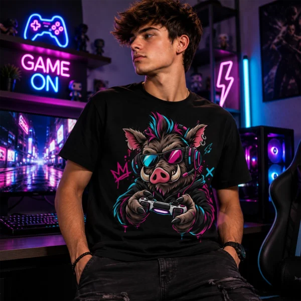 Gamer Vadkan fekete póló modellen, napszemüveges és headsetes vadkannal