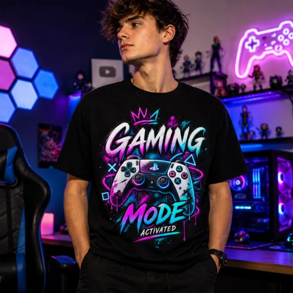 Gaming Mode Activated fekete póló modellen, pink-kék kontrolleres grafikával