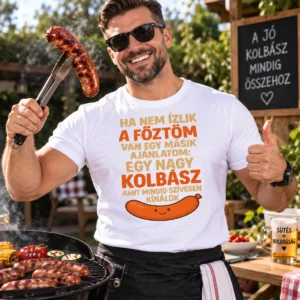 Férfi modell Ha nem ízlik a főztöm pólóban grillezés közben