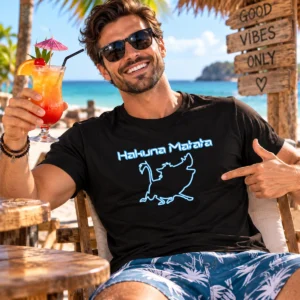 Férfi modell fekete Hakuna Matata pólóban a tengerparton