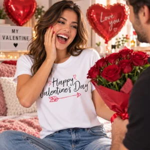 Női modell Happy Valentine's Day pólóban vörös rózsacsokorral
