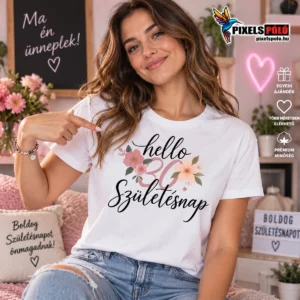 Hello Születésnap egyedi évszámos virágos női póló fiatal női modellen