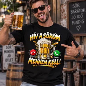 Hív a söröm mennem kell grafika habzó söröskorsóval és telefonhívás ikonokkal