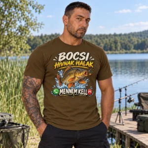 Férfi modell olívazöld Hívnak a halak mennem kell horgász pólóban