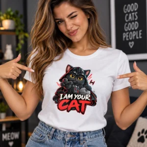 I Am Your Cat sci-fi macskás póló női modellen