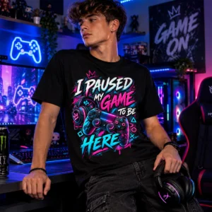 I Paused My Game to Be Here gamer póló kontroller és headset grafikával
