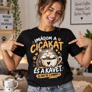 Imádom a cicákat és a kávét vicces cicás póló