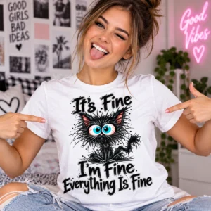 It's Fine I'm Fine Everything Is Fine vicces macskás póló