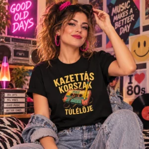 Fekete Kazettás korszak túlélője retro születésnapi póló kazettagrafikával