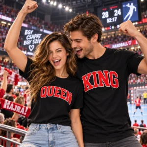 Férfi fekete KING és nő fekete QUEEN páros pólóban, piros-fehér, íves egyetemi stílusú felirattal.
