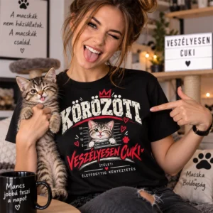 Fekete póló Körözött Veszélyesen cuki felirattal és cirmos cica mugshot grafikával