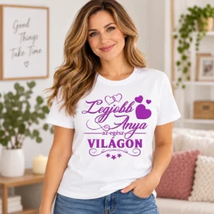 Legjobb Anya az egész világon feliratos fehér póló, lila szívecskés grafikával, mosolygó női modellen.