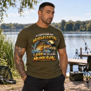 Férfi modell olívazöld A legrosszabb nap horgászattal jobb mint munkával pólóban