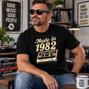 Made in 1982 retro kazettás születésnapi póló férfi modellen