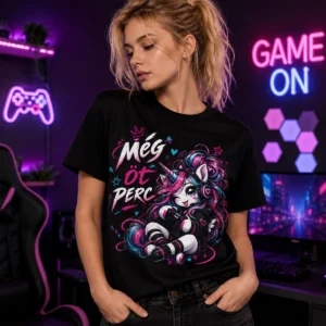 Még öt perc gamer póló kontrollerrel játszó unikornis grafikával