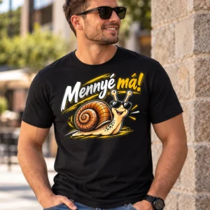 Férfi modell Mennyé má feliratú vicces csigás pólóban