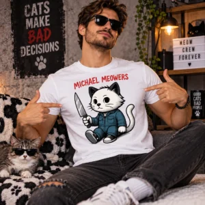 Férfi fehér Michael Meowers pólóban, rajzolt fekete-fehér macskafigurával, késsel és sötétkék kezeslábasban.