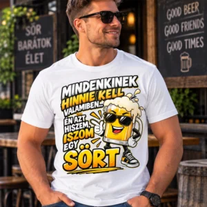 Mindenkinek hinnie kell valamiben feliratú sörös pólógrafika