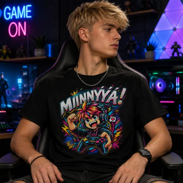 Mingyá fekete póló modellen, színes anime stílusú gamer karakterrel és kontrollerrel