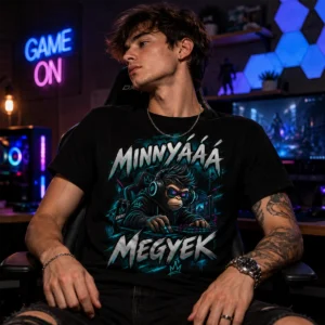 Mingyáá megyek vicces gamer póló számítógépnél játszó karakterrel